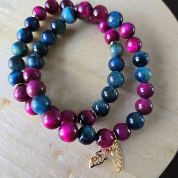 Blue & Pink Tiger Eye Stone w/gold feather charm Stretchy Bracelet 7.5"Jewelry. - Picture 4 of 7